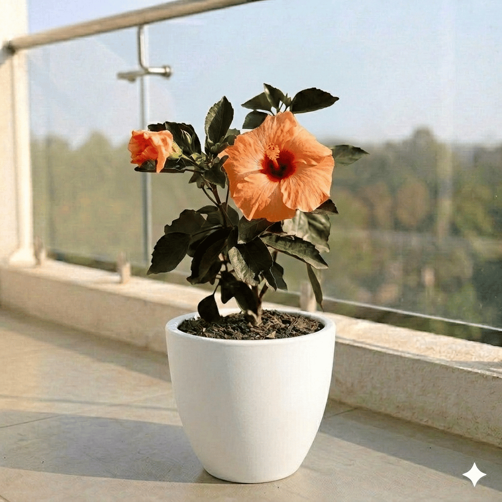 Hibiscus Dwarf in 10 X 10 Inch White Premium Convessa Fiberglass Planter