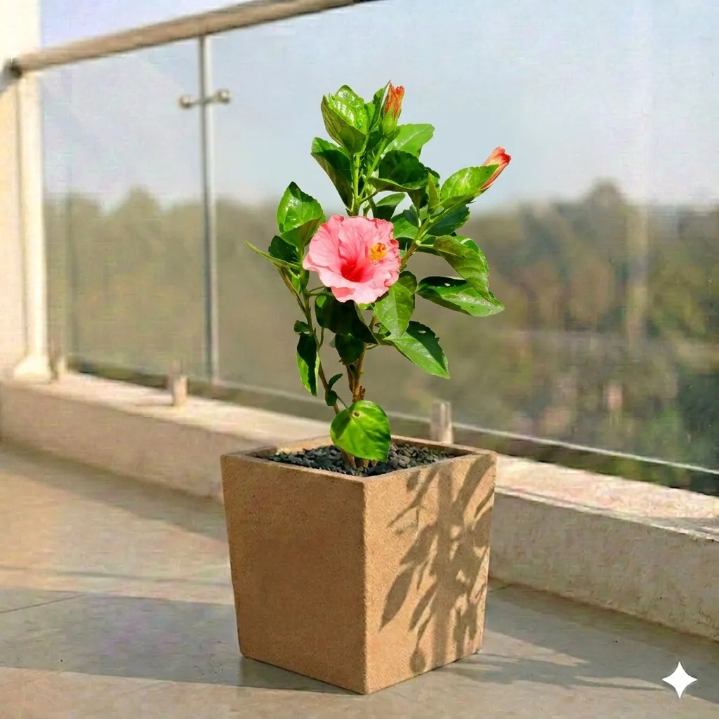 Hibiscus Pink in 8 X 8 Inch Sandstone Premium Kyvos Fiberglass Planter