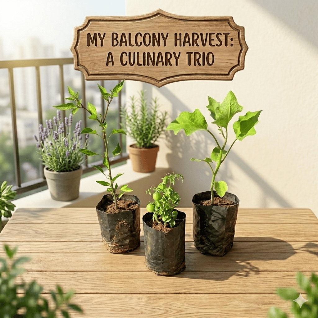 Urban Harvest Trio - Set of 3 - Fresh Tomato, Brinjal & Chilli Power Pack 🍅🌶️🍆 in 3 inch Nursery Bag