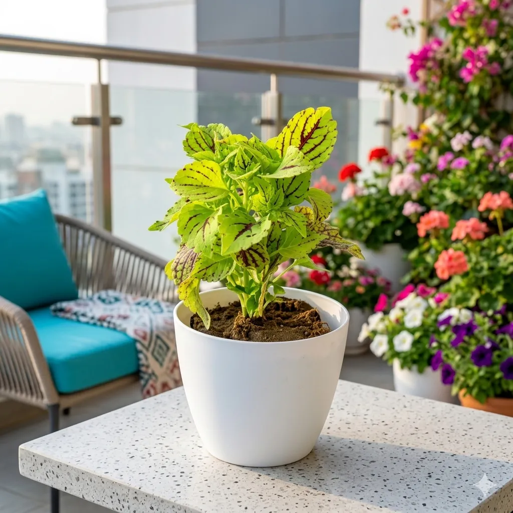 The Verdant Vogue - Coleus (Any Colour) (Any Design) in 4 Inch White Premium Orchid Round Plastic Pot