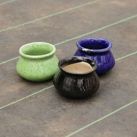 Set of 3 - 3 Inch Classy Handi Ceramic Pot (Blue, Black & Green)