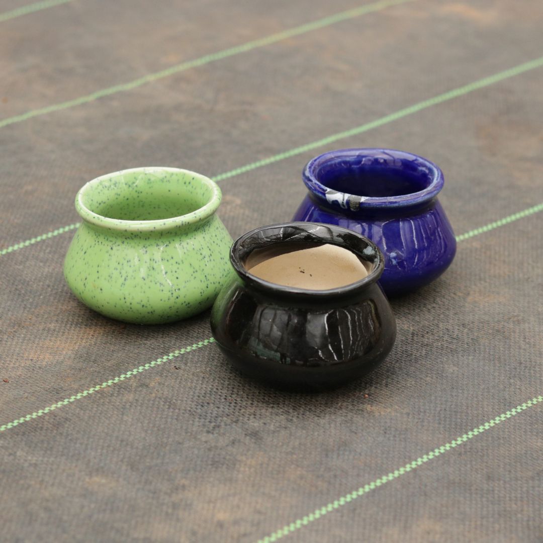 Set of 3 - 3 Inch Classy Handi Ceramic Pot (Blue, Black & Green)