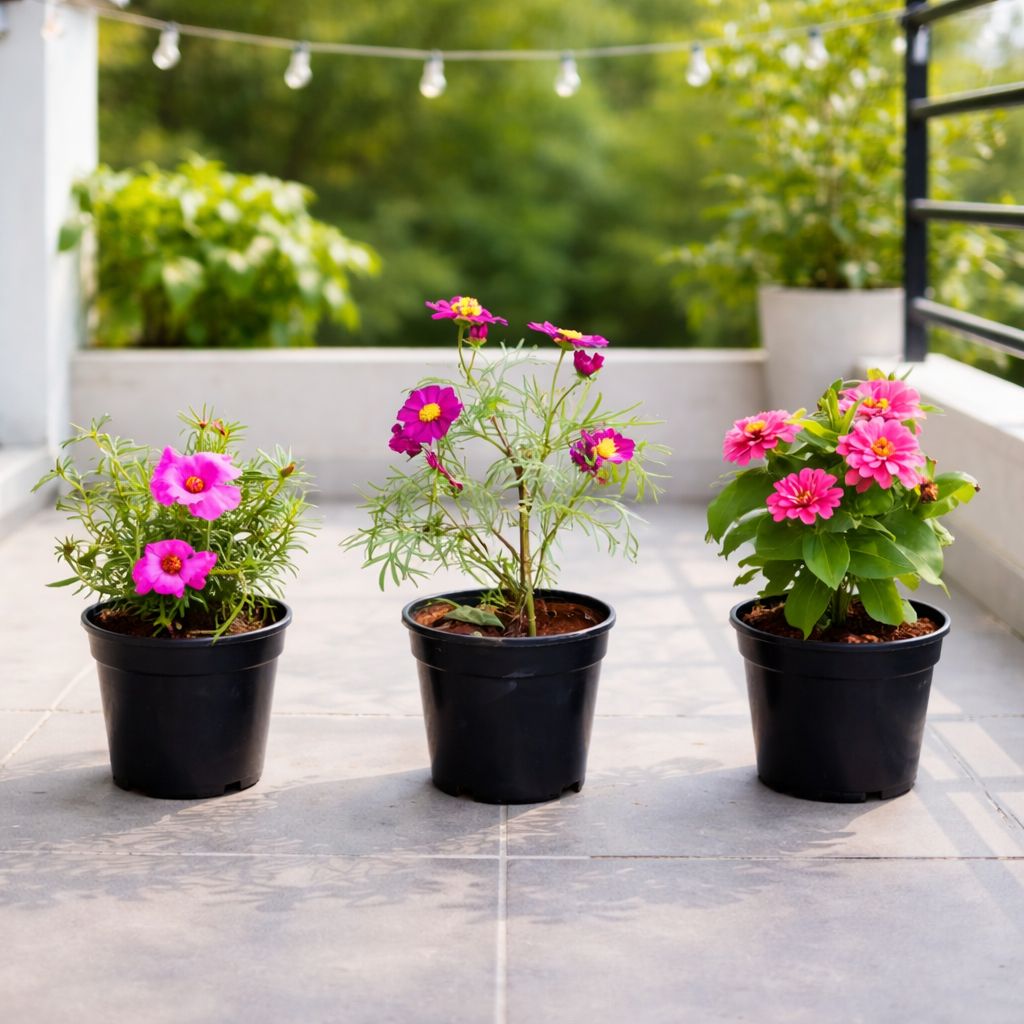 Bloom & Brighten Combo - Set of 3 - Cosmos, Zinnia & Portulaca Moss Rose (any color) in 5 Inch Black Nursery Pot