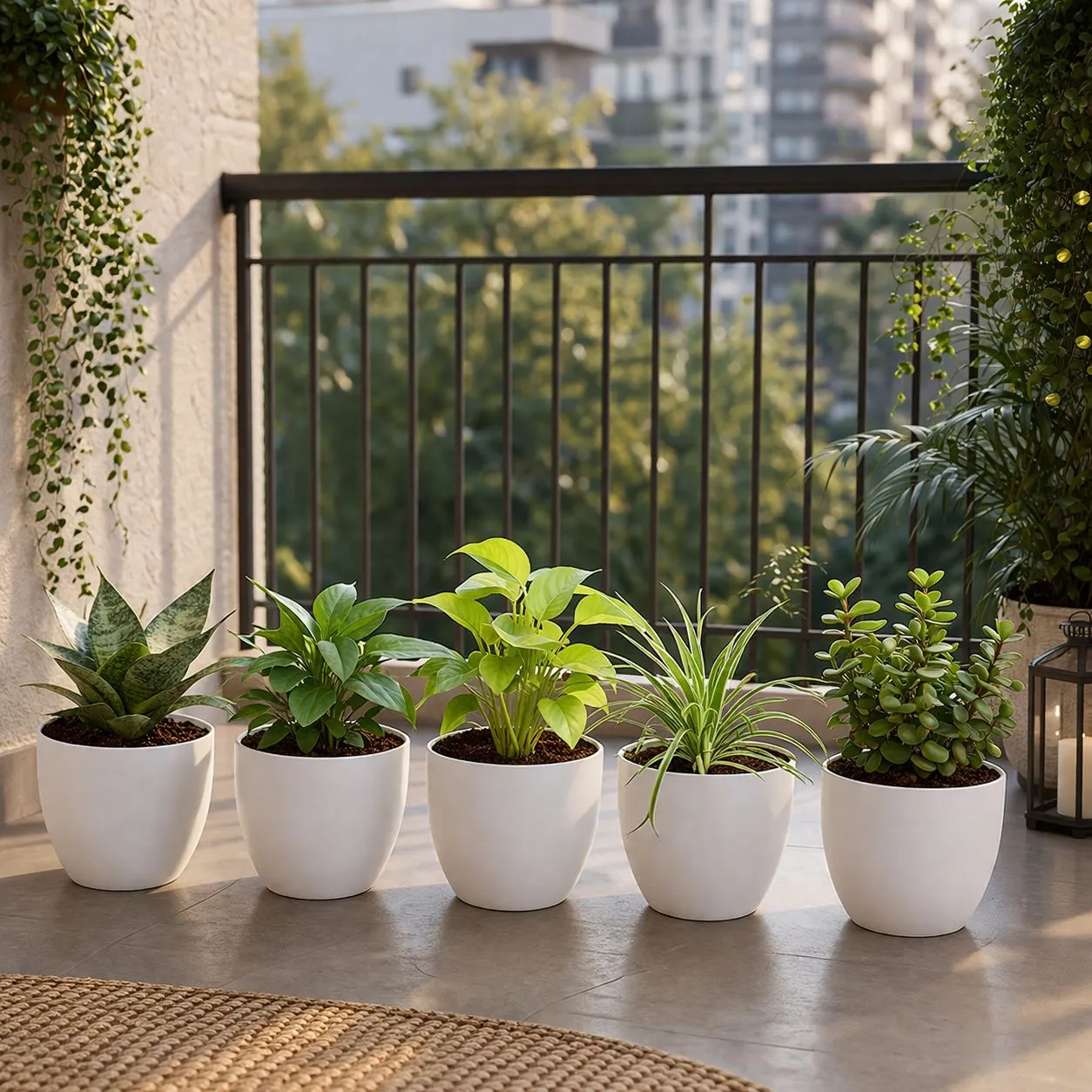 The Breathe Better Bundle - Set of 5 - Snake Green, Peace Lily, Money Plant, Spider & Jade in 5 Inch White Premium Orchid Plastic Pot