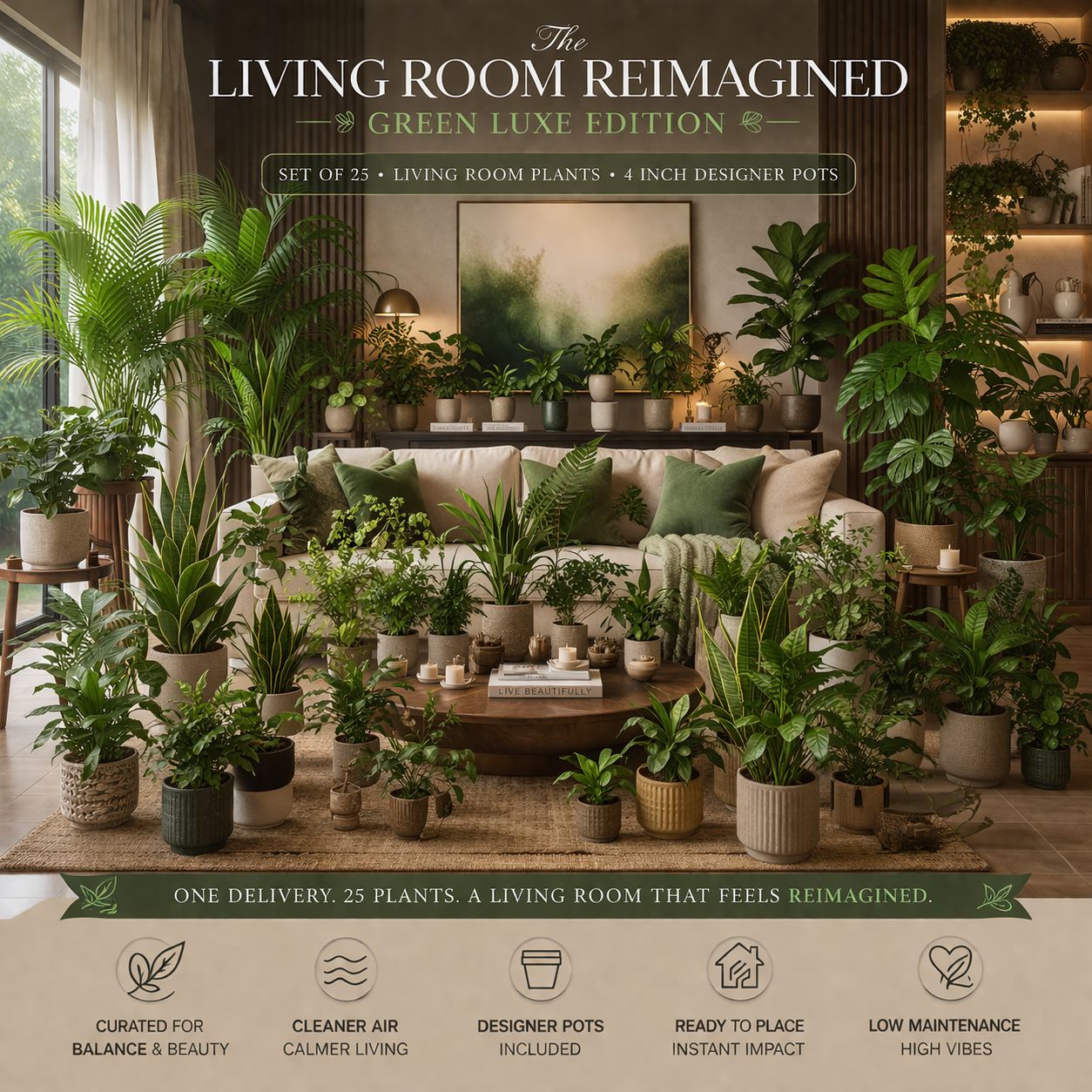 The Living Room Reimagined: Green Luxe Edition - Set of 25- Living Room Plants in Designer Pots