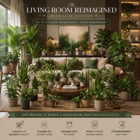 The Living Room Reimagined: Green Luxe Edition - Set of 25- Living Room Plants in Designer Pots