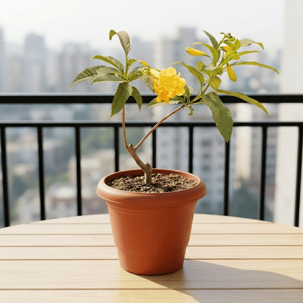 Tecoma Yellow in 6 Inch Terracotta Red Classy Plastic Pot