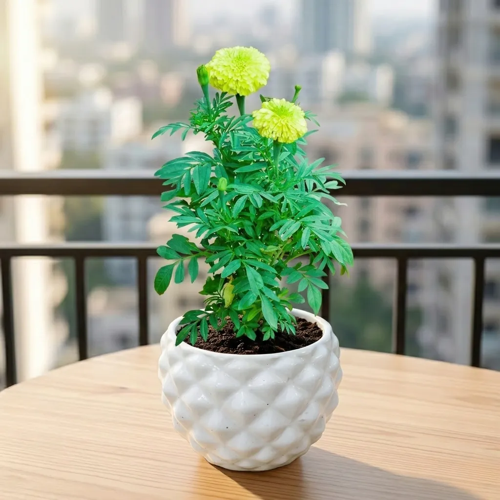 Marigold / Genda Yellow in 4 Inch Classy Pineapple Textured Ceramic Pot�( Any Color )