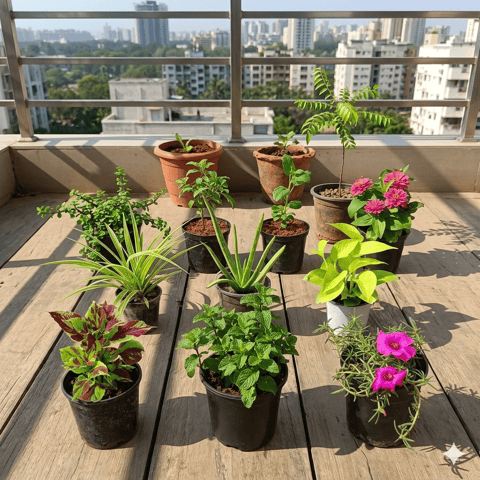 Balcony Bliss Garden - Set of 11 - Coleus, Mint, Portulaca Moss Rose, Spider, Aloe Vera, Money Plant, Jade, Rama & Shyama Tulsi, Zinnia & Curry Patta in 5 Inch Nursery Pot