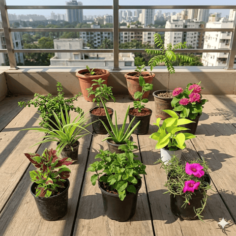 Balcony Bliss Garden - Set of 11 - Coleus, Mint, Portulaca Moss Rose, Spider, Aloe Vera, Money Plant, Jade, Rama & Shyama Tulsi, Zinnia & Curry Patta in 5 Inch Nursery Pot
