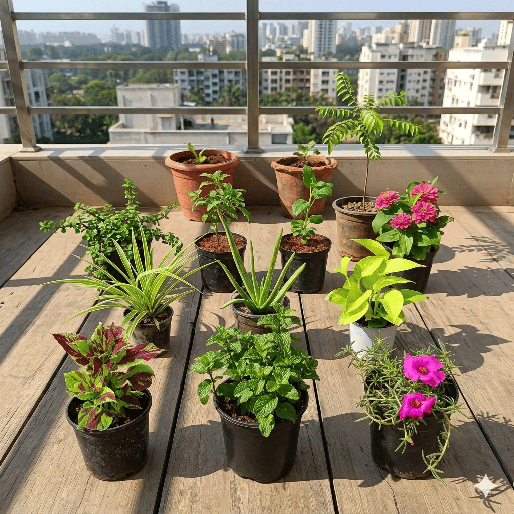 Balcony Bliss Garden - Set of 11 - Coleus, Mint, Portulaca Moss Rose, Spider, Aloe Vera, Money Plant, Jade, Rama & Shyama Tulsi, Zinnia & Curry Patta in 5 Inch Nursery Pot