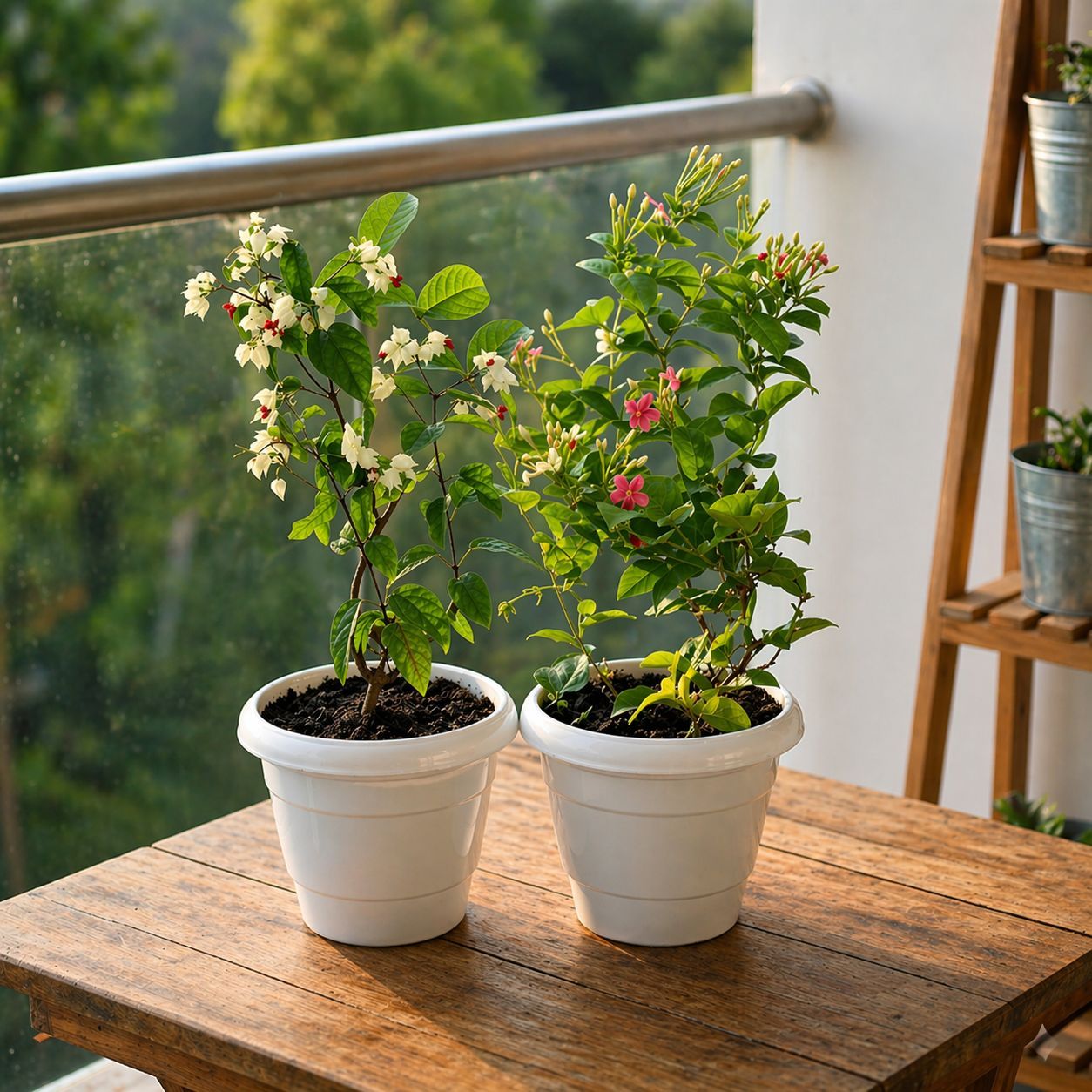 Twinning Climber Duo: Set of 2 - Bleeding Heart & Madhu Malti in 8 Inch White Classy Plastic Pot