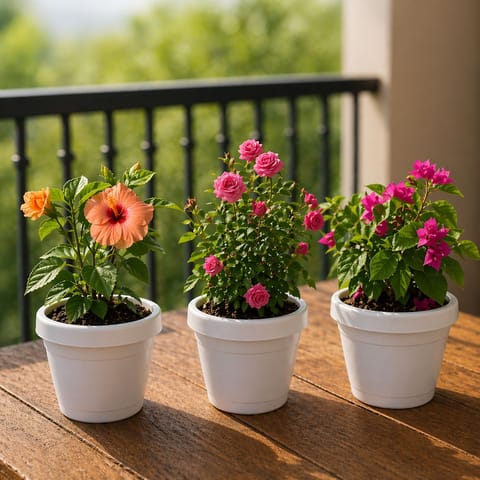 EverBloom Flowering Trio: Set of 3- Hibiscus Dwarf, Button Rose & Bougainvillea Dwarf (any color) in 8 inch White Classy Plastic Pot