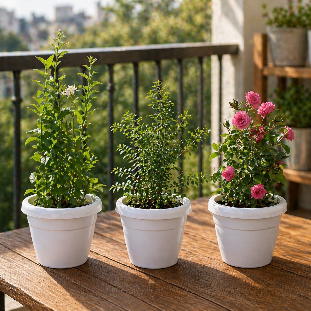 Fragrant Balcony Garden: Set of 3 - Button Rose (any color), Mogra/ Jasmine, Chameli in 8 Inch White Classy Plastic Pot