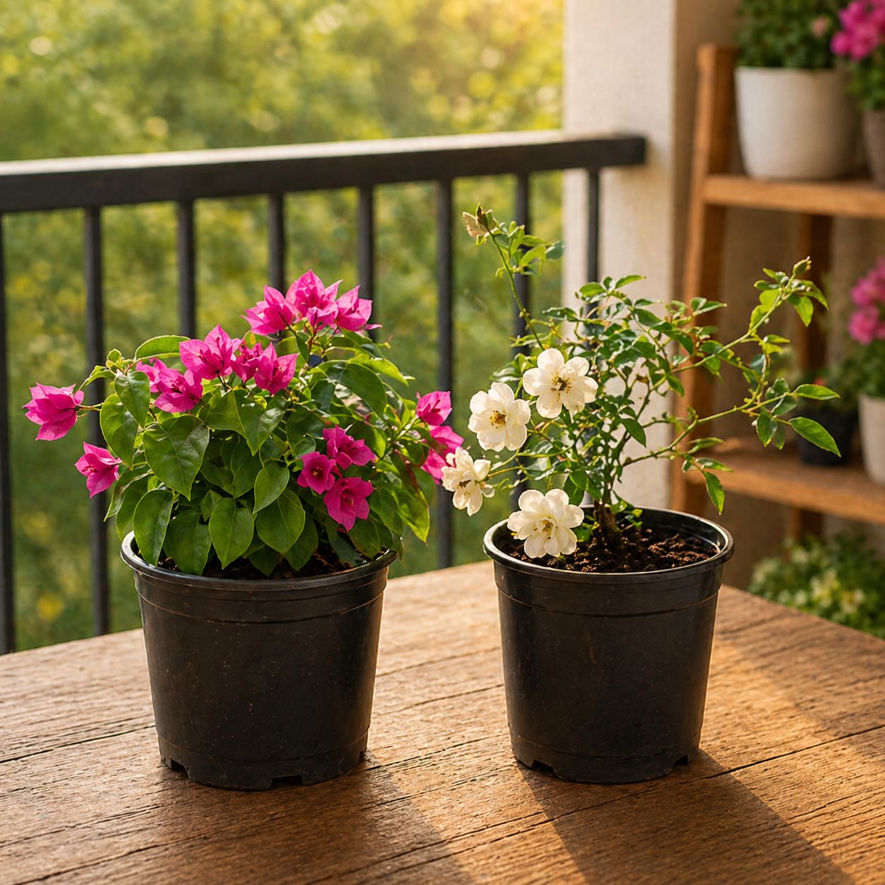 Blush bloom duo: Set of 2- Bougainvillea Dwarf & Button Rose (any color) in 5 inch Nursery Pot