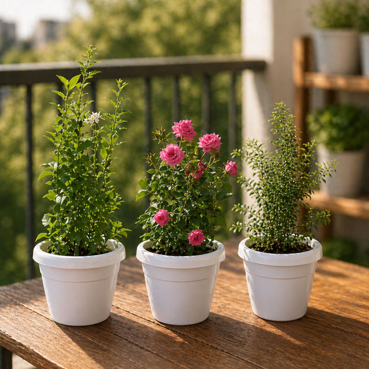 Fragrant Balcony Garden: Set of 3 - Button Rose (any color), Mogra/ Jasmine, Chameli in 8 Inch White Classy Plastic Pot