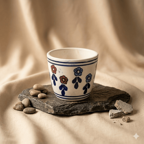 4 Inch Ceramic Pot | White Floral Pixel Cup Ceramic Planter
