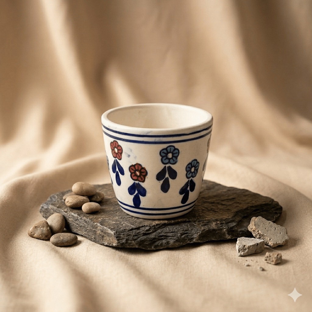 4 Inch Ceramic Pot | White Floral Pixel Cup Ceramic Planter