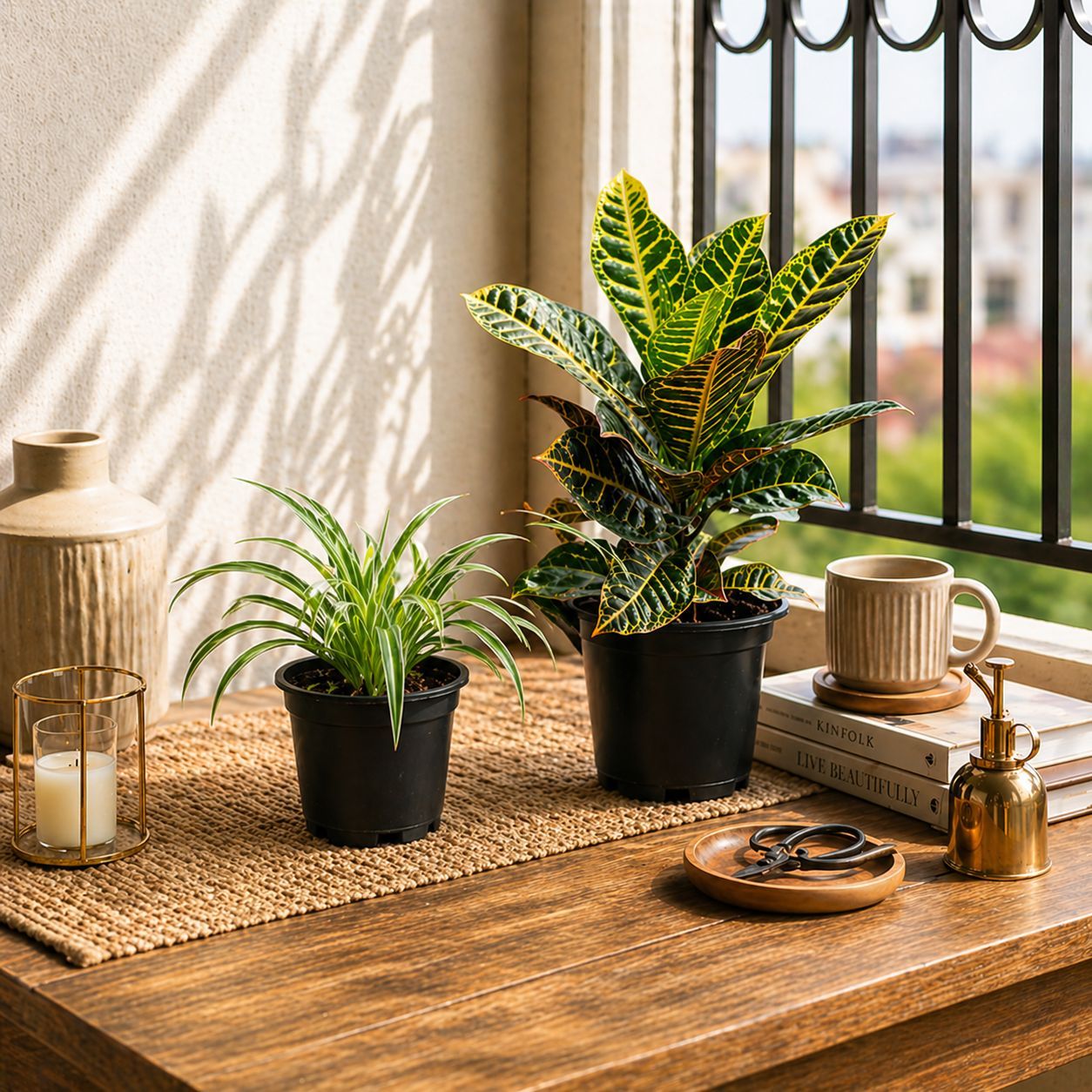 Tropical Texture Duo: Set of 2- Croton Petra & Spider Plant in 6 inch Nursery Pot