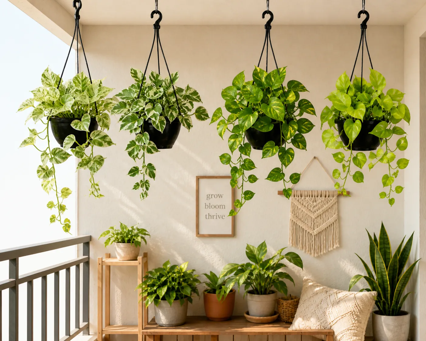 The Hanging Haven Collection - Set of 4 - Money Plant (N'joy, Marble, Green & Golden) in 6 Inch Hanging Basket