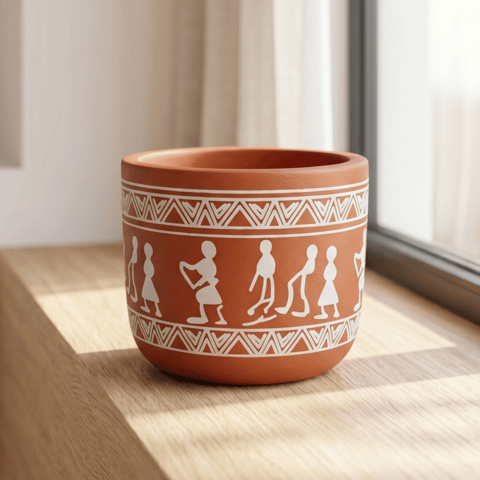 4 Inch Pot | Boho Warli Art Premium Clay Terracotta Planter