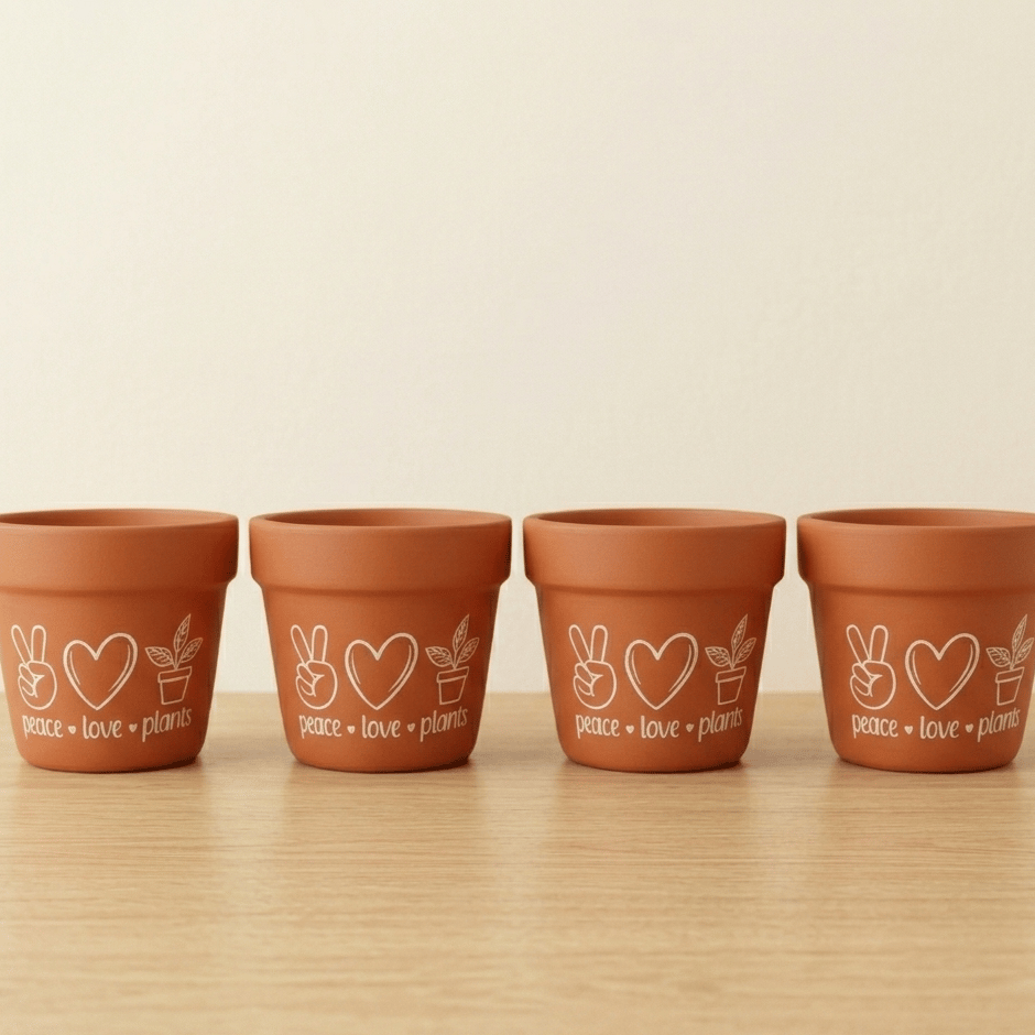 Set of 4 - 4 Inch Planter | Peace Love Plants Planter Premium Clay Terracotta Planter - Minimal Quote Planter