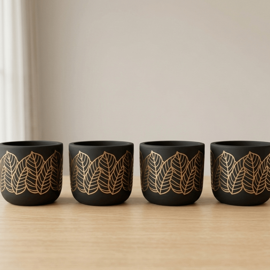 Set of 4 - 4 Inch Planter | Golden Leaf Premium Clay Terracotta Planter - Premium Decorative Planter
