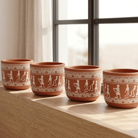 Set of 4 - 4 Inch Planter | Boho Warli Art Premium Clay Terracotta Planter - Rustic Aesthetic Planter
