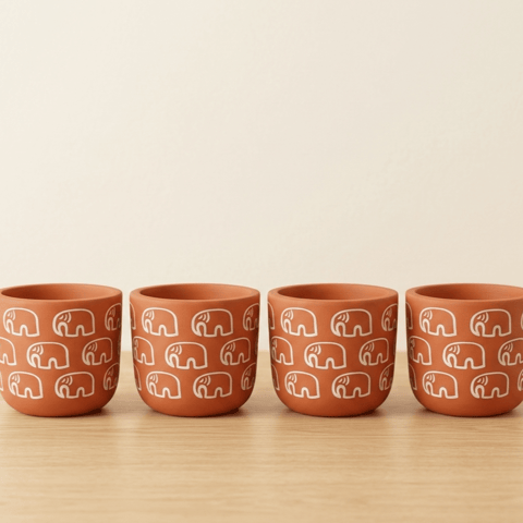 Set of 4 - 4 Inch Planter | Gajraaj Premium Clay Terracotta Planter - Artistic Elephant Theme