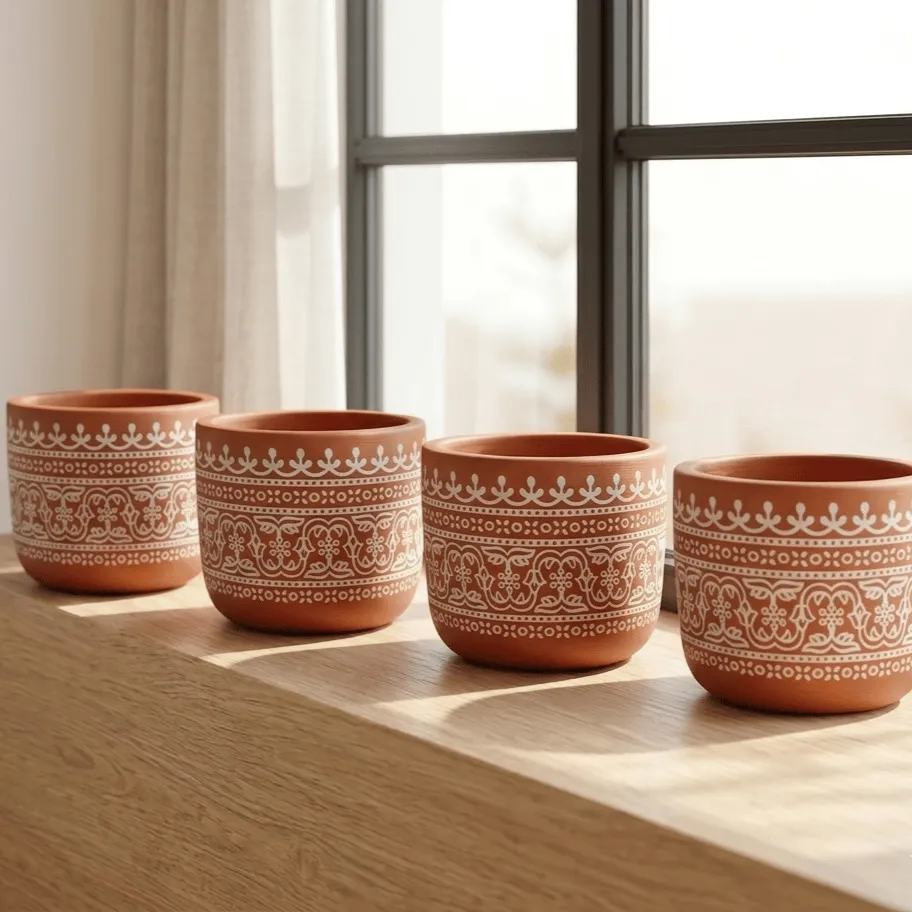 Set of 4 - 4 Inch Planter | Hand painted Mandala Premium Clay Terracotta Planter - handcrafted decor planter