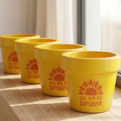 Set of 4 - 4 Inch Planter | Happy Sunshine Planter Premium Clay Terracotta Planter - Bright & Cheerful Design
