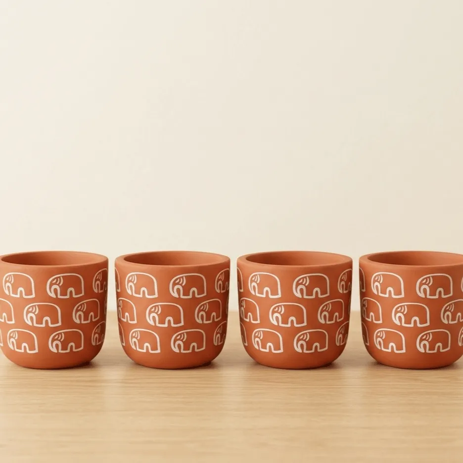 Set of 4 - 4 Inch Planter | Gajraaj Premium Clay Terracotta Planter - Artistic Elephant Theme
