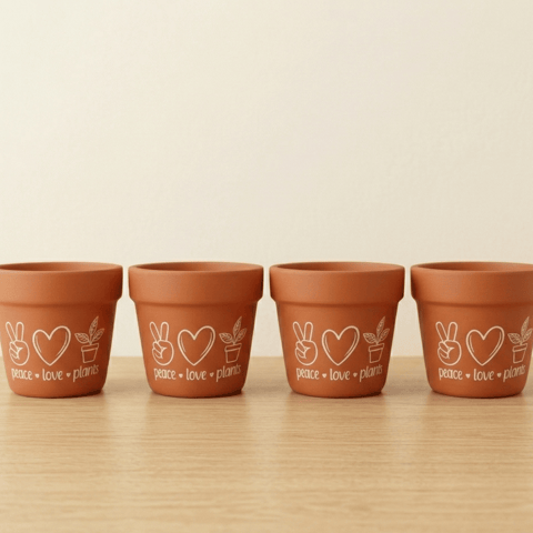 Set of 4 - 4 Inch Planter | Peace Love Plants Planter Premium Clay Terracotta Planter - Minimal Quote Planter