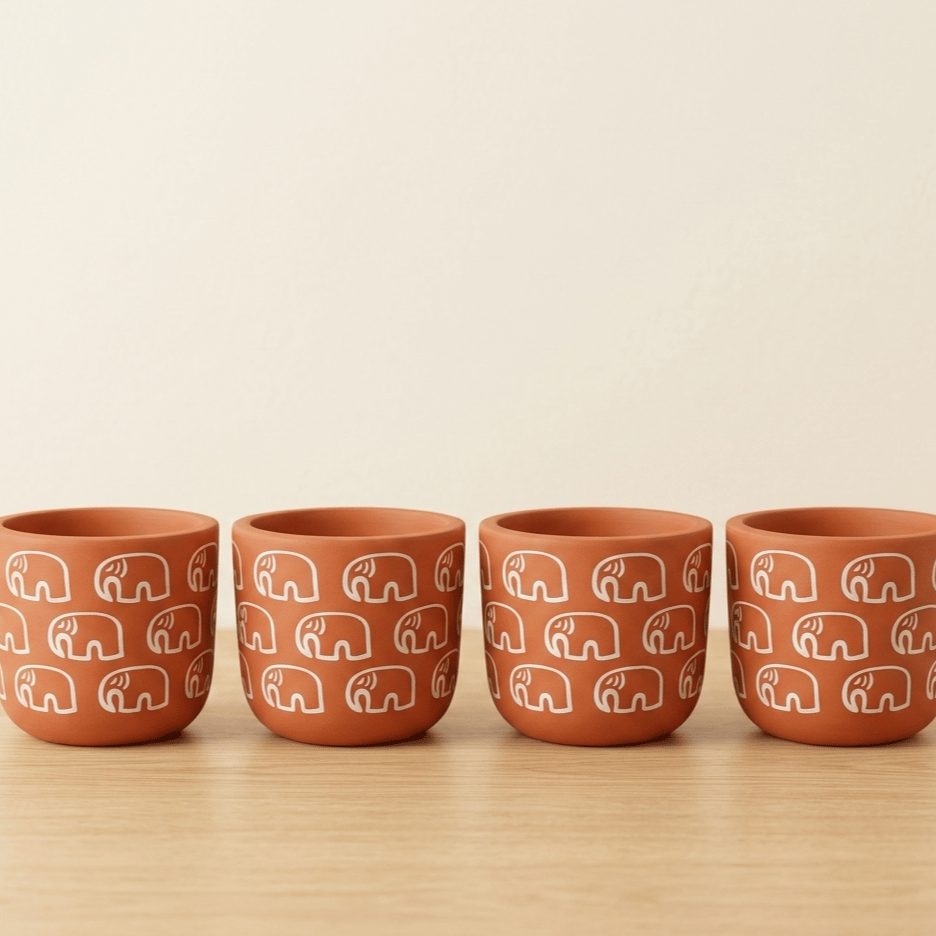 Set of 4 - 4 Inch Planter | Gajraaj Premium Terracotta Planter - Artistic Elephant Theme