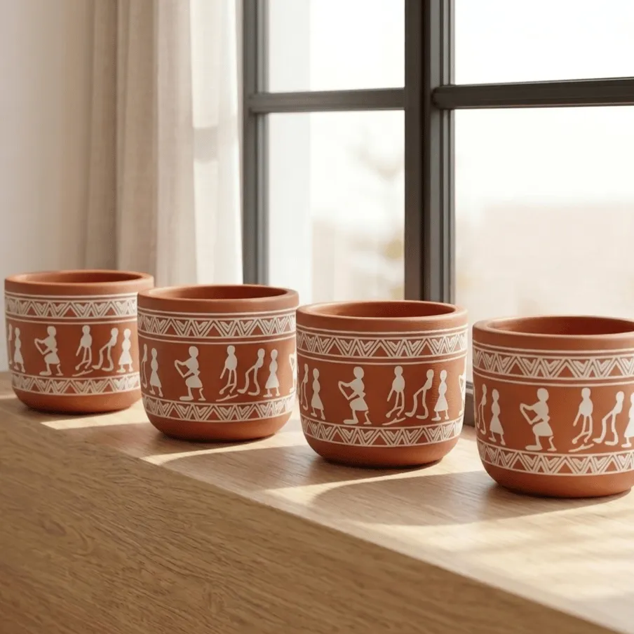 Set of 4 - 4 Inch Planter | Boho Warli Art Premium Clay Terracotta Planter - Rustic Aesthetic Planter