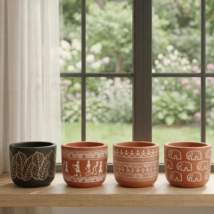 Set of 4 - 4 Inch Pot | Assorted Ethnic Premium Terracotta Clay Planters
