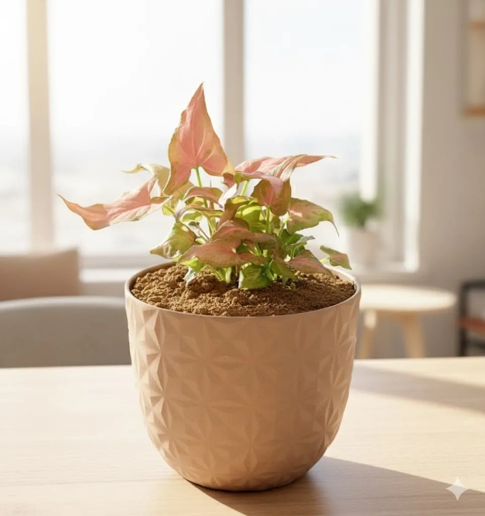 Gift Ready - Syngonium Pink Arrowhead in 4 Inch Mocha Leafora Premium Plastic Planter - with Gift Bag - in Premium Gifting Box