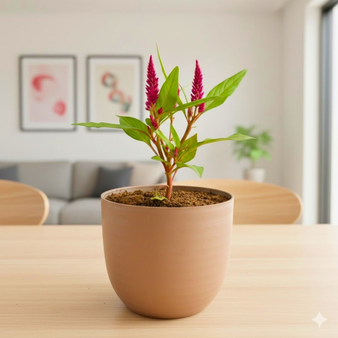 Gift Ready - Celosia (any colour) in 4 Inch Mocha Avora Premium Plastic Planter - with Gift Bag - in Premium Gifting Box