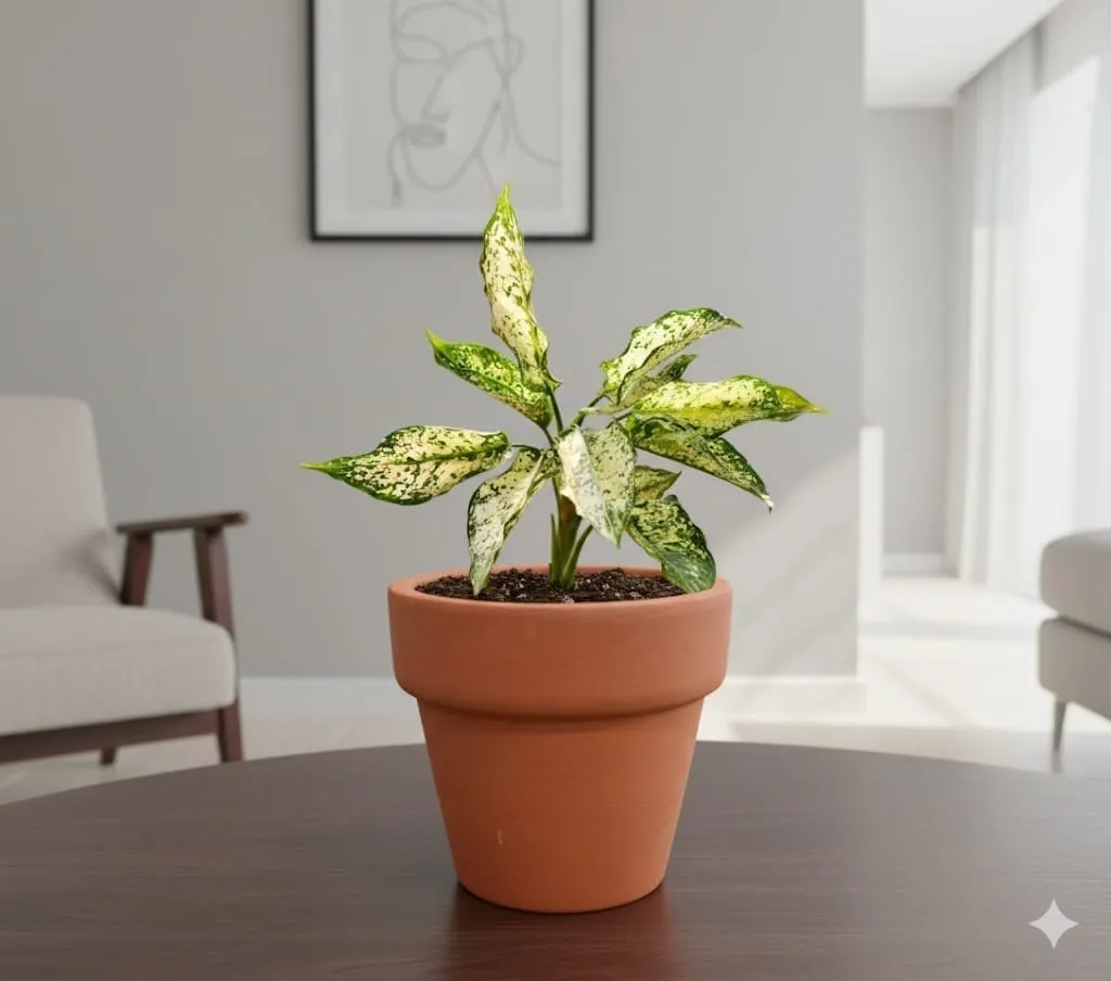Gift Ready - Aglaonema Snow White in 3 inch Dhara Maati Pot - Natural Clay Classic Look - in Premium Gifting Box