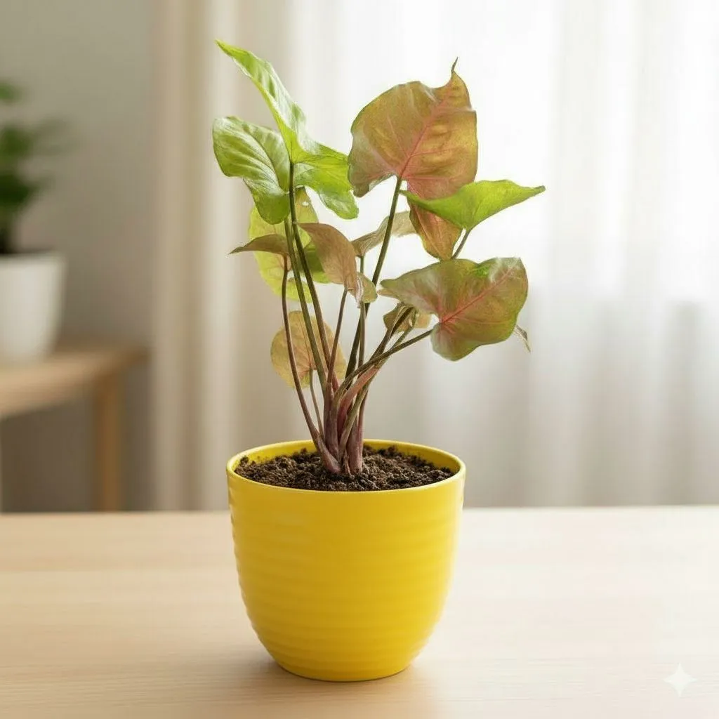 Gift Ready - Syngonium Pink in 4 Inch Yellow Avora Premium Plastic Planter - with Gift Bag - in Premium Gifting Box