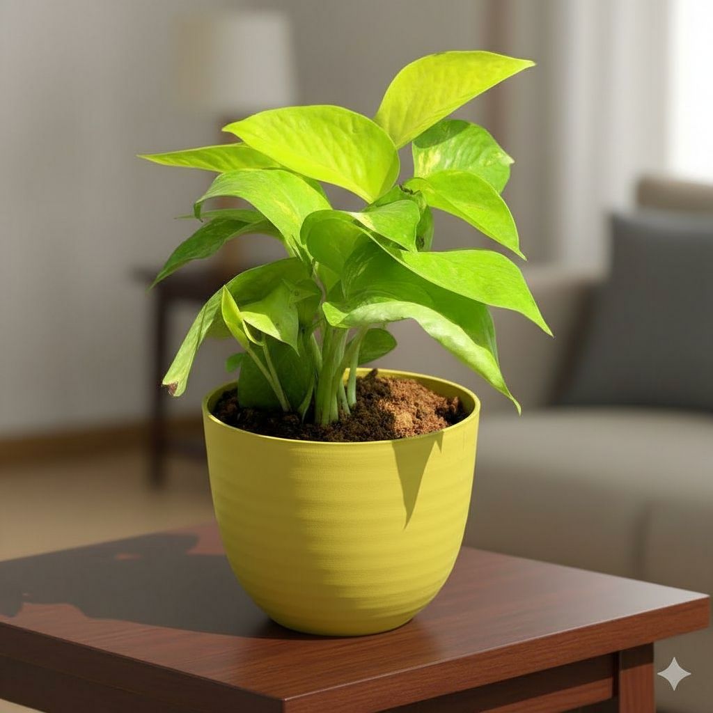 Gift Ready - Money Plant Golden in 4 Inch Yellow Avora Premium Plastic Planter - with Gift Bag - in Premium Gifting Box
