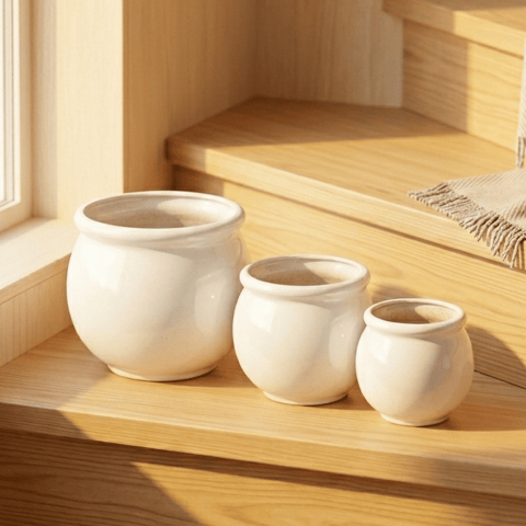 Set of 3 Ceramic Pot | (4, 6 & 8 Inch) Ivory White Matki Trio Ceramic Planter