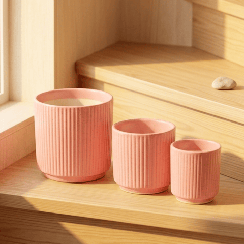 Set of 3 Ceramic Pot | (4, 6 & 8 Inch) Blush Pink Stem Pipe Trio Ceramic Planter