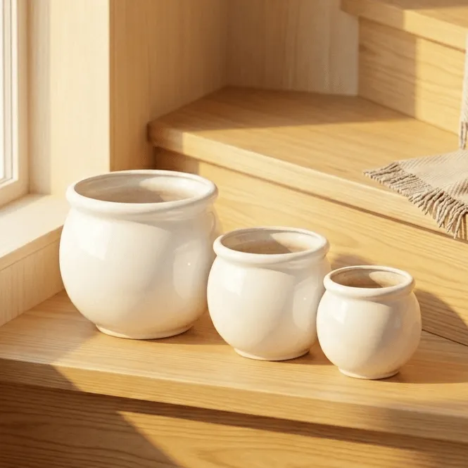 Set of 3 Ceramic Pot | (4, 6 & 8 Inch) Ivory White Matki Trio Ceramic Planter