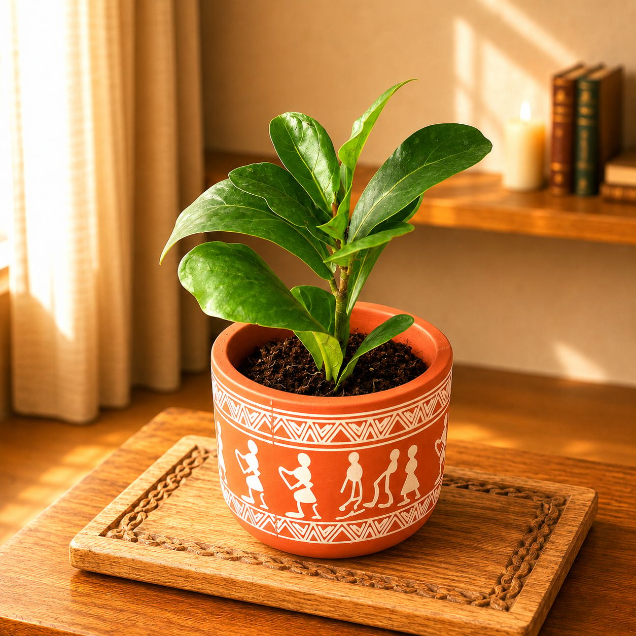 Fiddle Leaf Fig/ Ficus Lyrata Green in 4 Inch Boho Warli Art Premium Clay Terracotta Planter - in Premium Gifting Box