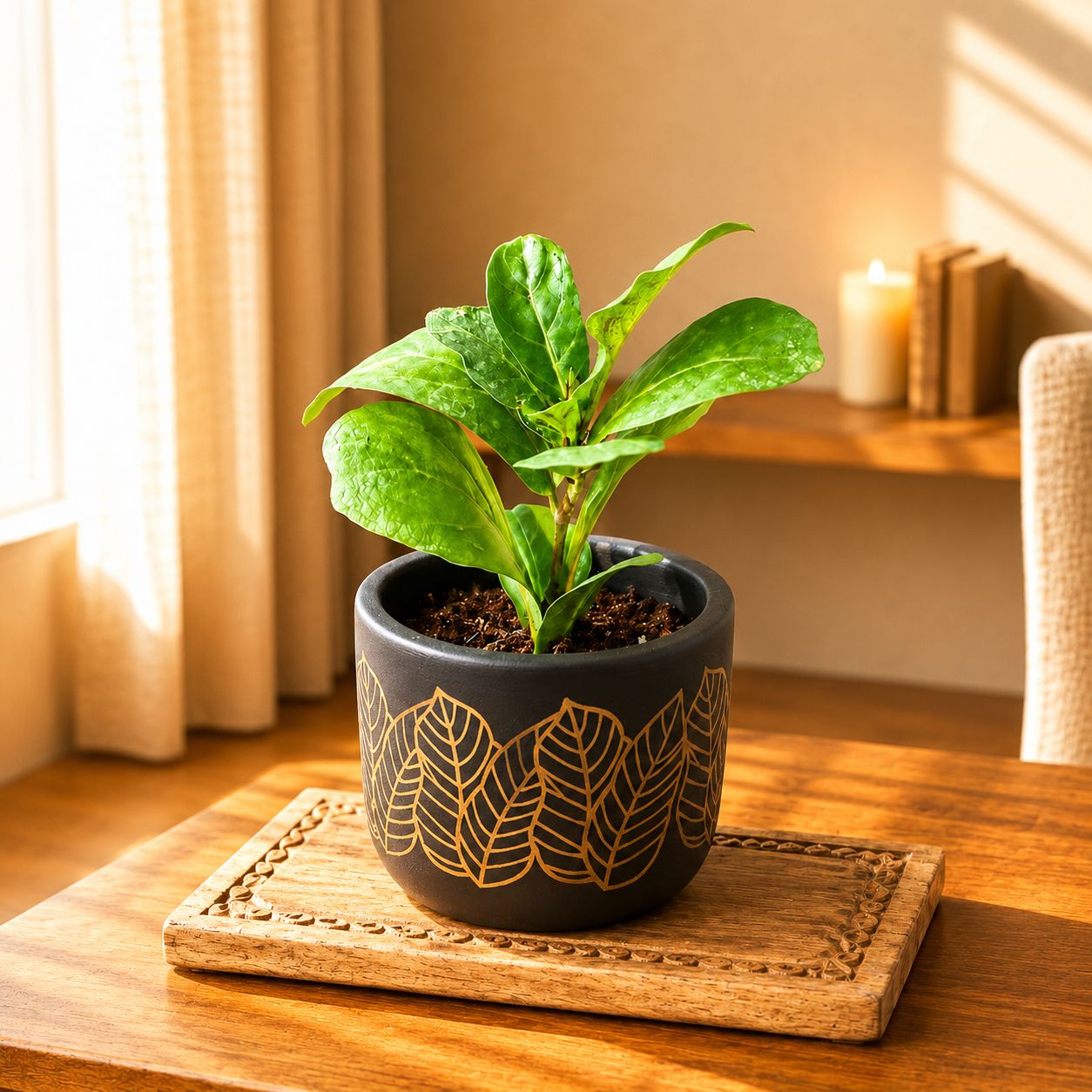 Fiddle Leaf Fig/ Ficus Lyrata Green in 4 Inch Golden Leaf Premium Clay Terracotta Planter - in Premium Gifting Box