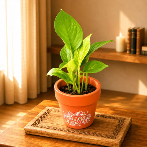 Money Plant Green in 4 Inch Money Plant Premium Clay Terracotta Planter - in Premium Gifting Box