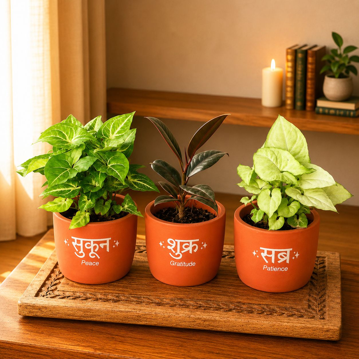 Set of 3- Syngonium Green Desi, Rubber Black & Syngonium Yammi in 4 inch Mindful Trio Premium Clay Terracotta Planter - in Premium Gifting Box
