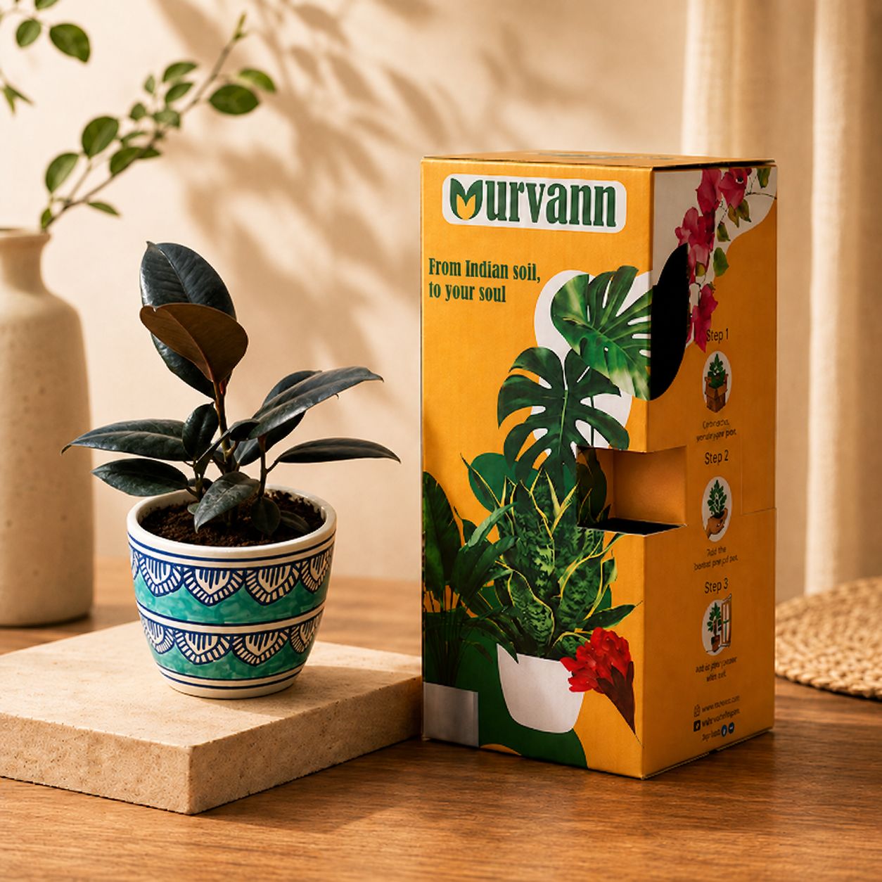 Gift Ready - Rubber Black in 4 Inch Heritage Sky Pixel Cup Ceramic Planter - In Premium Gifting Box