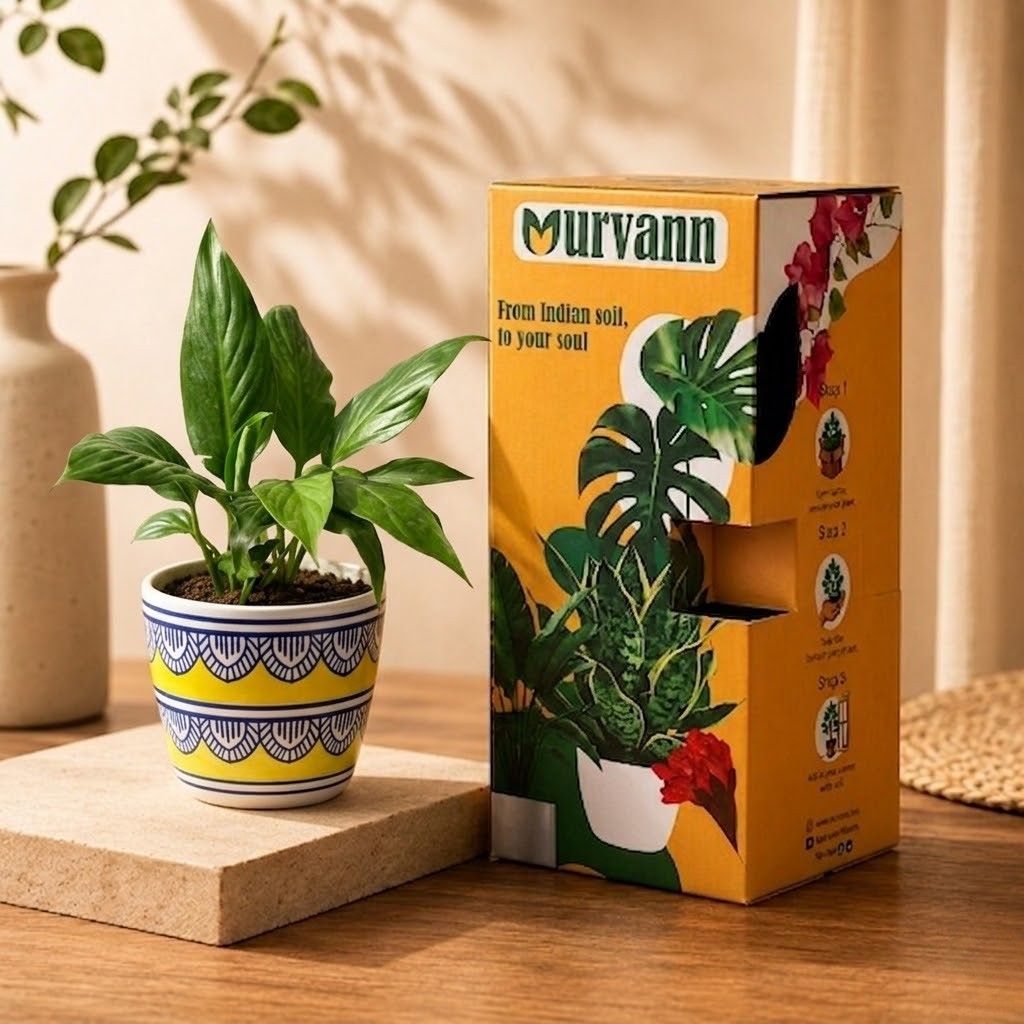 Peace Lily in 4 Inch Heritage Gold Pixel Cup Ceramic Planter - In Premium Gifting Box